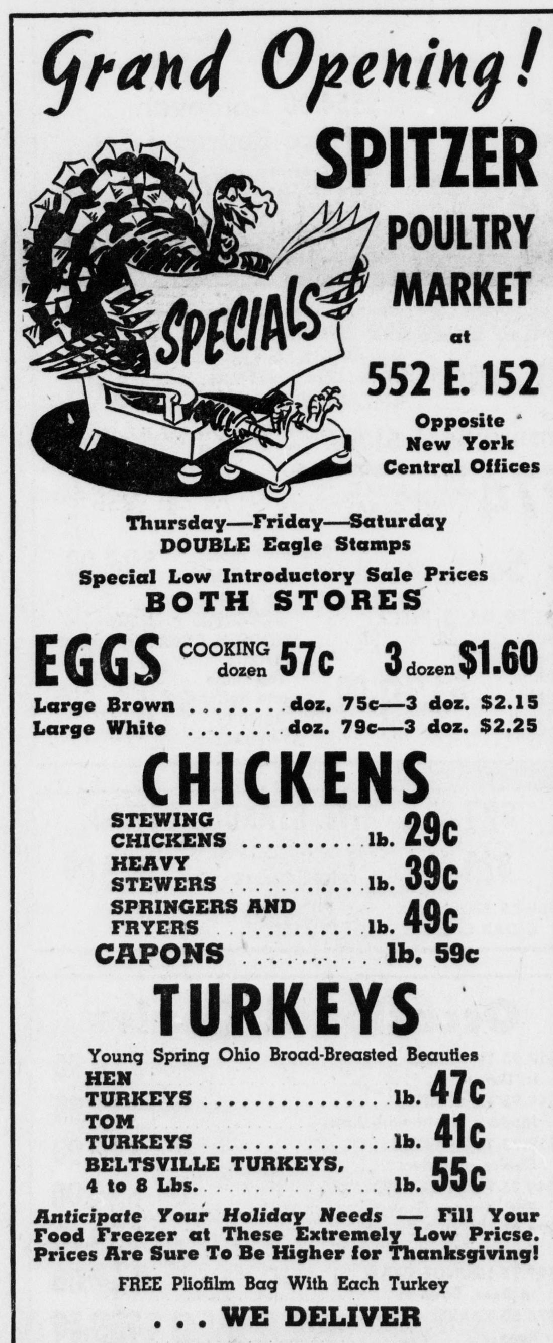 Original advertisement: Spitzer Poultry Market: tom turkeys, 41¢ a pound, 1952