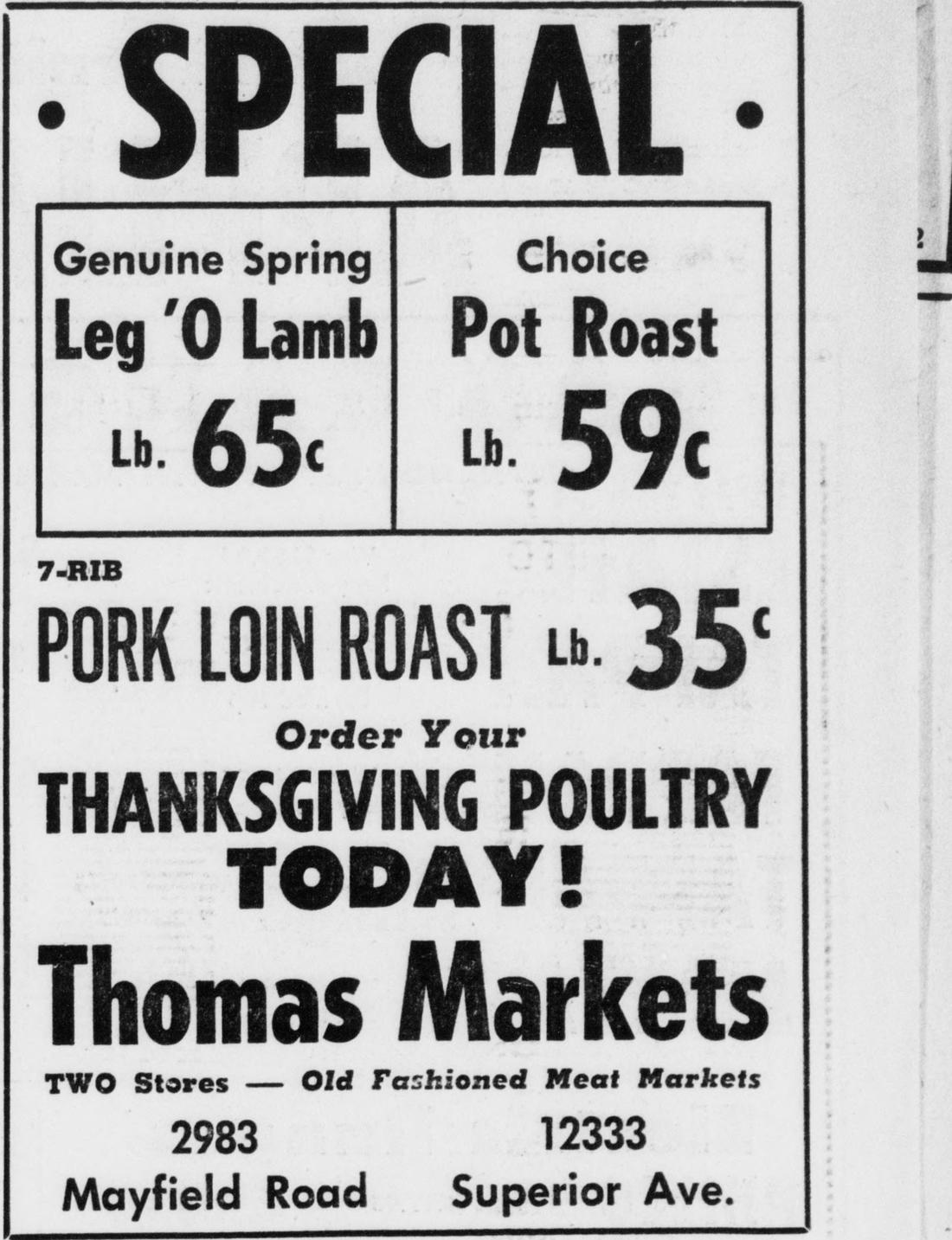 Original advertisement: Thomas Markets: order your Thanksgiving poultry today, 1952