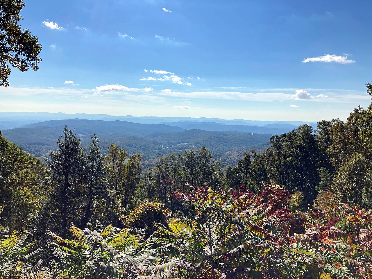 A wide view over layers of blue mountains and autumn trees